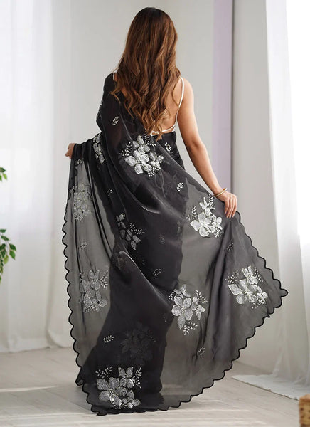 Glowing Black Sequence Work Jimmy Choo Silk Saree With Fairytale Blouse Piece