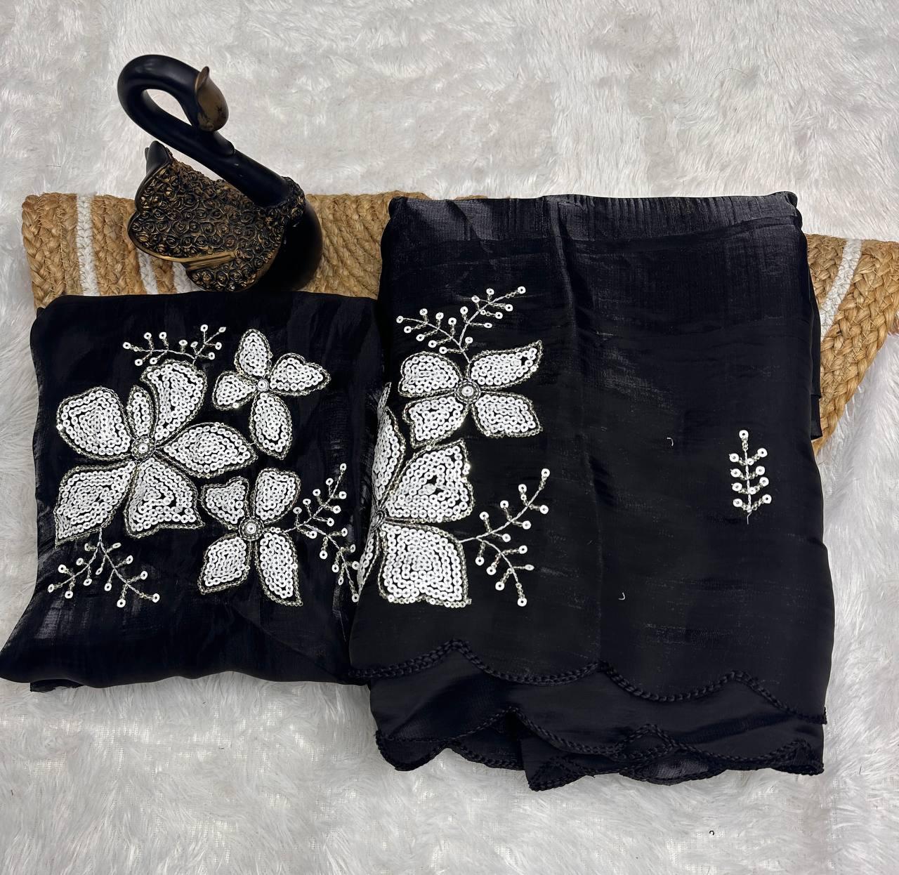 Glowing Black Sequence Work Jimmy Choo Silk Saree With Fairytale Blouse Piece