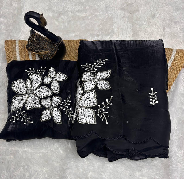 Glowing Black Sequence Work Jimmy Choo Silk Saree With Fairytale Blouse Piece