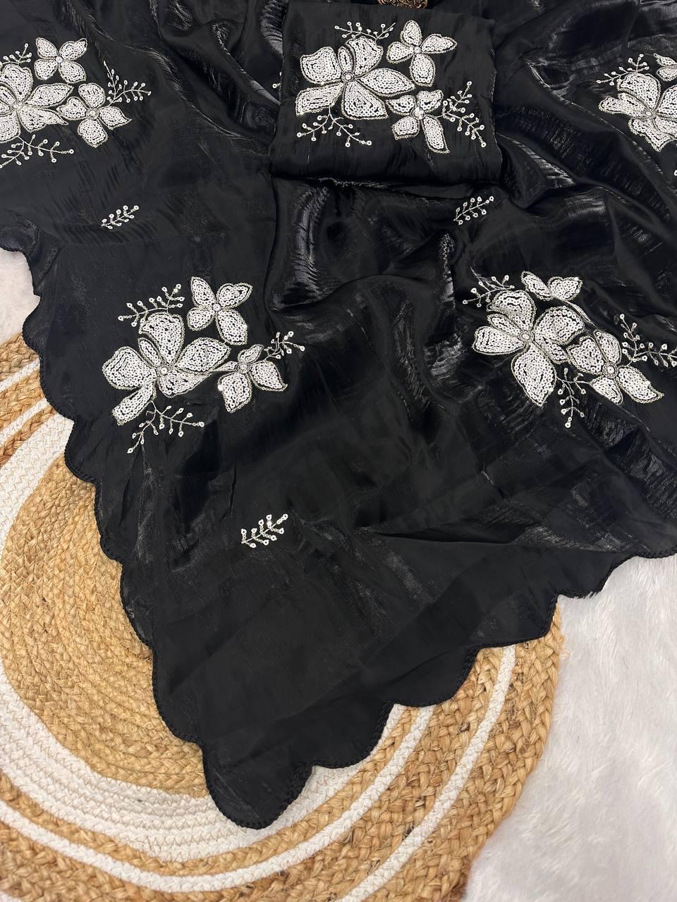 Glowing Black Sequence Work Jimmy Choo Silk Saree With Fairytale Blouse Piece