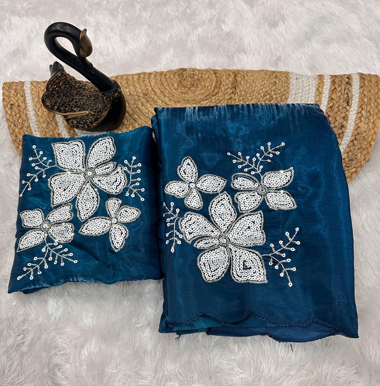 Glowing Blue Sequence Work Jimmy Choo Silk Saree With Fairytale Blouse Piece