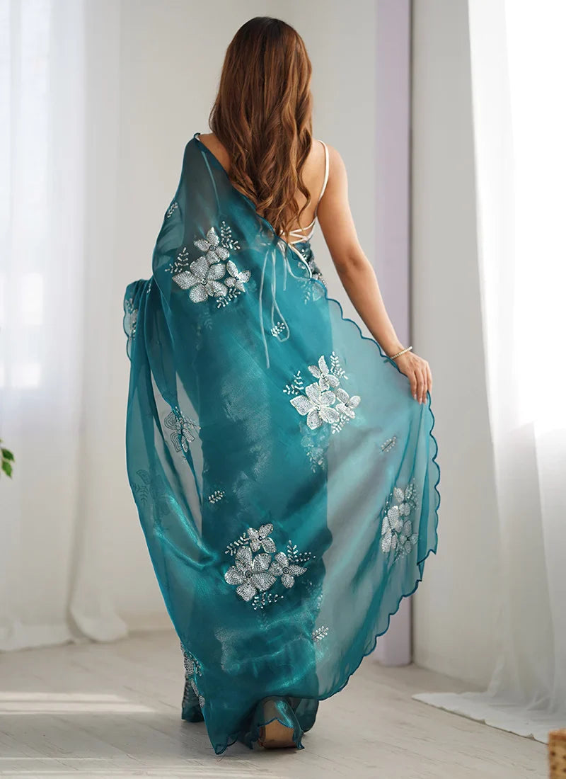 Glowing Blue Sequence Work Jimmy Choo Silk Saree With Fairytale Blouse Piece