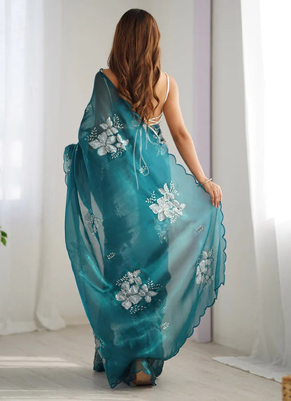 Glowing Blue Sequence Work Jimmy Choo Silk Saree With Fairytale Blouse Piece