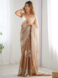 Glowing Brown Sequence Work Jimmy Choo Silk Saree With Fairytale Blouse Piece