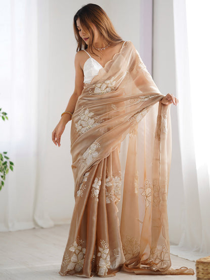 Glowing Brown Sequence Work Jimmy Choo Silk Saree With Fairytale Blouse Piece