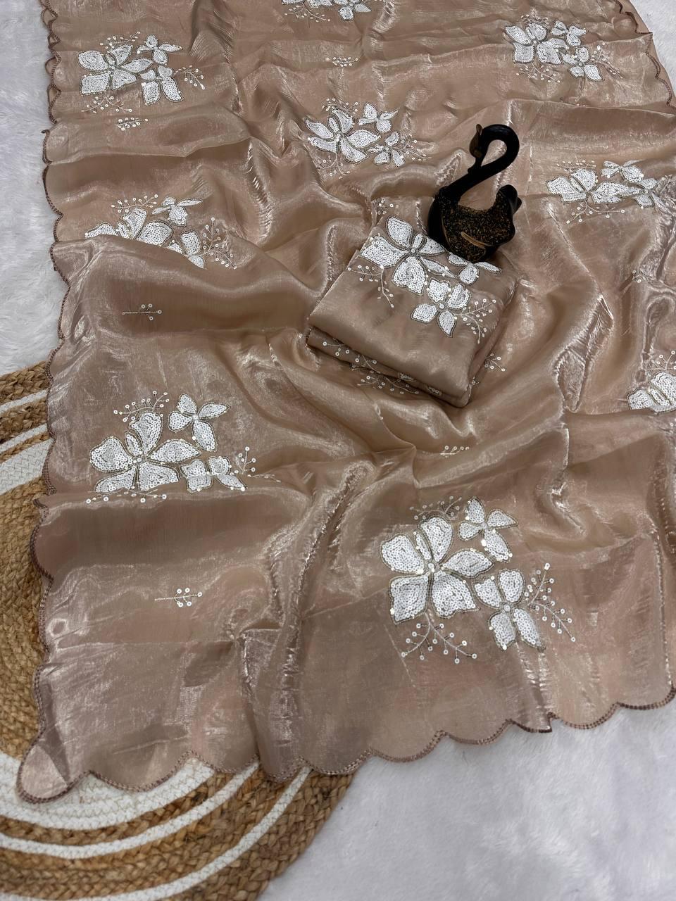 Glowing Brown Sequence Work Jimmy Choo Silk Saree With Fairytale Blouse Piece