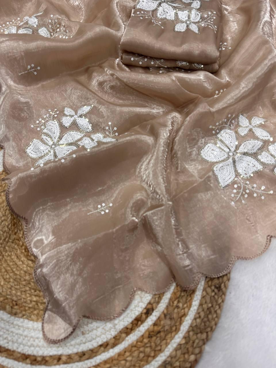 Glowing Brown Sequence Work Jimmy Choo Silk Saree With Fairytale Blouse Piece