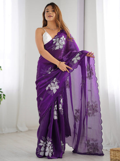 Glowing Purple Sequence Work Jimmy Choo Silk Saree With Fairytale Blouse Piece