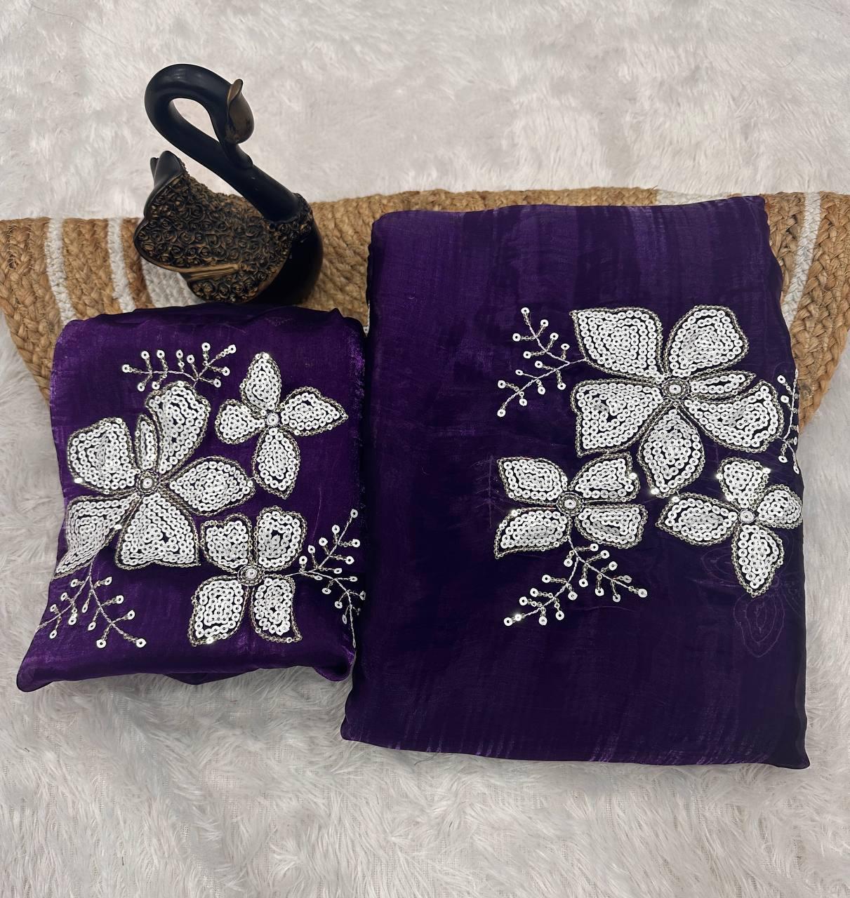 Glowing Purple Sequence Work Jimmy Choo Silk Saree With Fairytale Blouse Piece