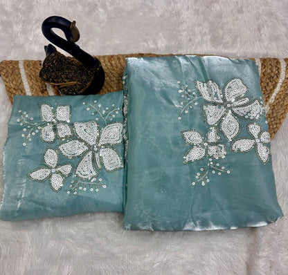 Glowing Sky Sequence Work Jimmy Choo Silk Saree With Fairytale Blouse Piece