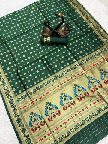 Arresting Dark Green Paithani Silk Saree With Divine Blouse Piece