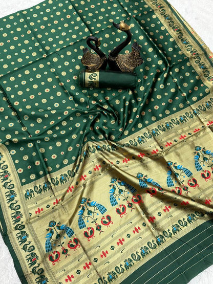 Arresting Dark Green Paithani Silk Saree With Divine Blouse Piece