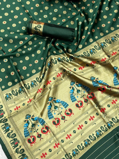 Arresting Dark Green Paithani Silk Saree With Divine Blouse Piece