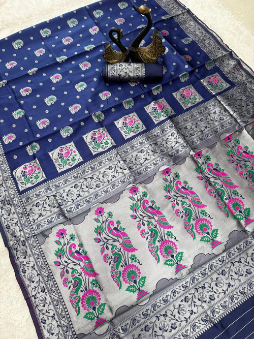 Allure Navy Blue Paithani Silk Saree With Dulcet Blouse Piece