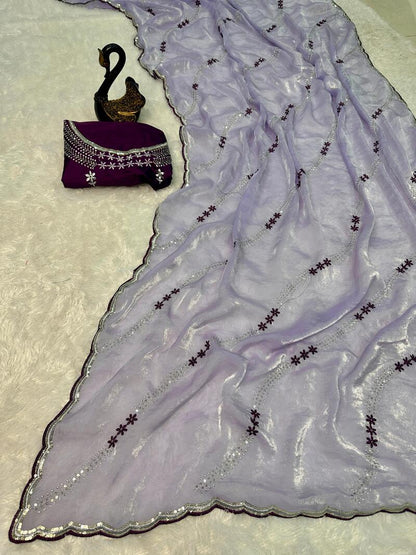 Stylish Lavender Sequence Work Fandy Silk Saree With Elegant Blouse Piece