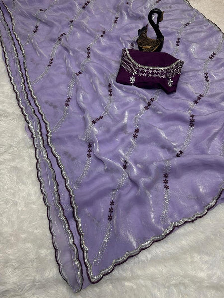 Stylish Lavender Sequence Work Fandy Silk Saree With Elegant Blouse Piece