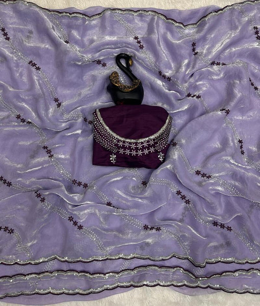 Stylish Lavender Sequence Work Fandy Silk Saree With Elegant Blouse Piece