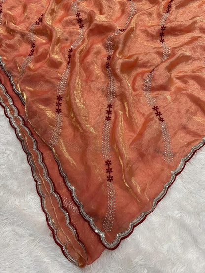 Embrocation Orange Sequence Work Fandy Silk Saree With Gratifying Blouse Piece