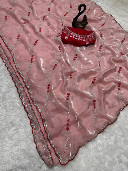 Seraglio Peach Sequence Work Fandy Silk Saree With Proficient Blouse Piece