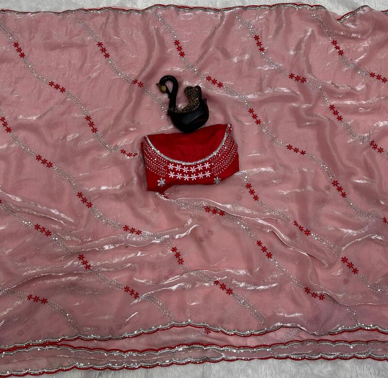 Seraglio Peach Sequence Work Fandy Silk Saree With Proficient Blouse Piece