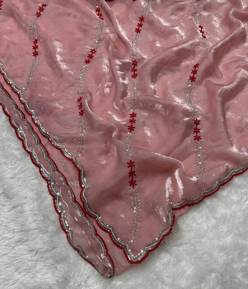 Seraglio Peach Sequence Work Fandy Silk Saree With Proficient Blouse Piece