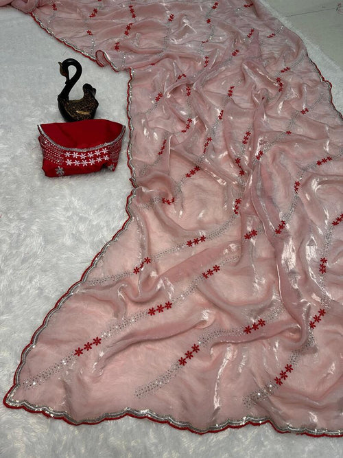 Seraglio Peach Sequence Work Fandy Silk Saree With Proficient Blouse Piece