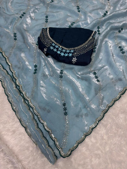 Ravishing Sky Sequence Work Fandy Silk Saree With Gorgeous Blouse Piece