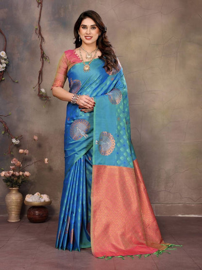 Devastating Blue Soft Banarasi Silk Saree With Majesty Blouse Piece