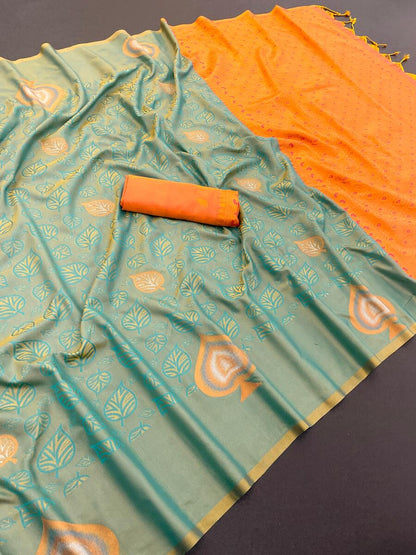 Appealing Sea Green Soft Banarasi Silk Saree With Diaphanous Blouse Piece