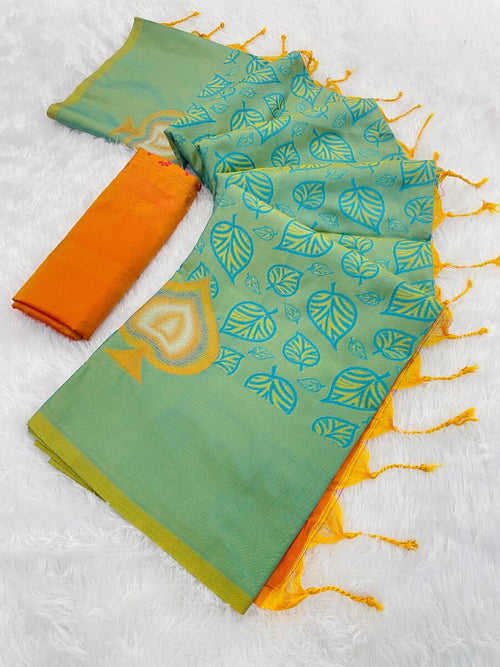Appealing Sea Green Soft Banarasi Silk Saree With Diaphanous Blouse Piece