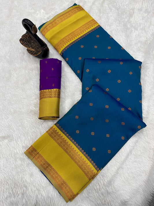 Evocative Blue Soft Banarasi Silk Saree With Classy Blouse Piece
