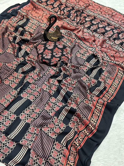 Evocative Black Ajrakh Printed Gajji Soft Silk Saree With Posh Blouse Piece