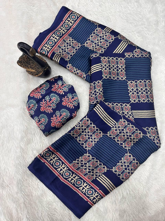 Seraphic Navy Blue Ajrakh Printed Gajji Soft Silk Saree With Snazzy Blouse Piece