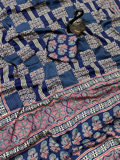Seraphic Navy Blue Ajrakh Printed Gajji Soft Silk Saree With Snazzy Blouse Piece