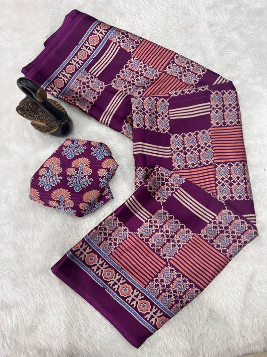 Panoply Purple Ajrakh Printed Gajji Soft Silk Saree With Resplendent Blouse Piece