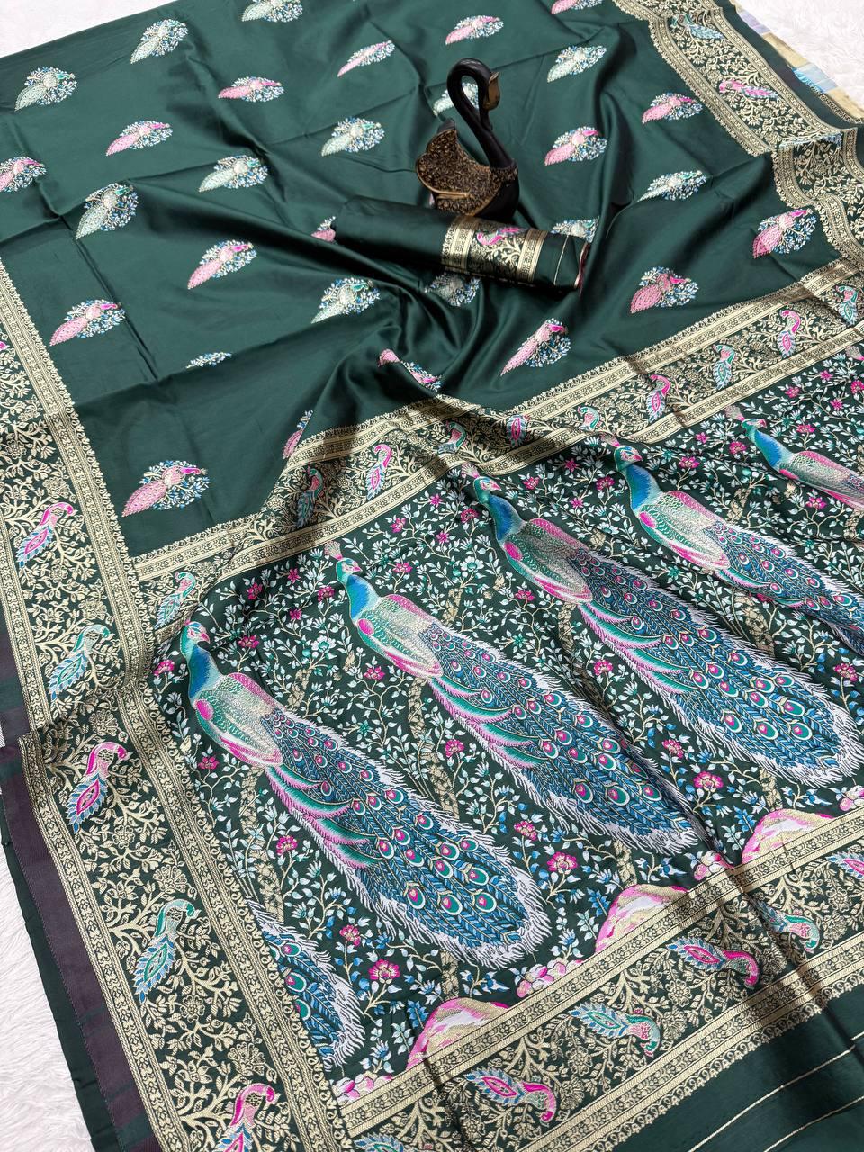 Embellished Dark Green Blue Soft Banarasi Silk Saree With Designer Blouse Piece