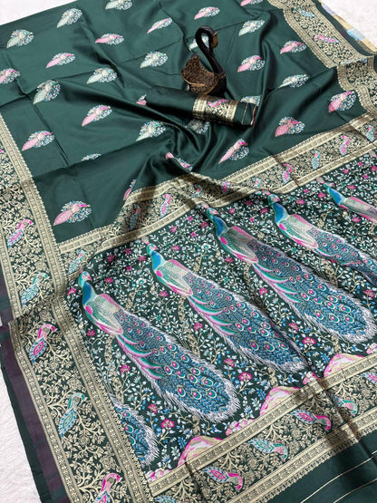 Embellished Dark Green Blue Soft Banarasi Silk Saree With Designer Blouse Piece