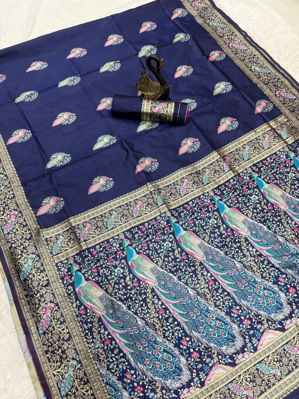 Snazzy Navy Blue Soft Banarasi Silk Saree With Stunner Blouse Piece