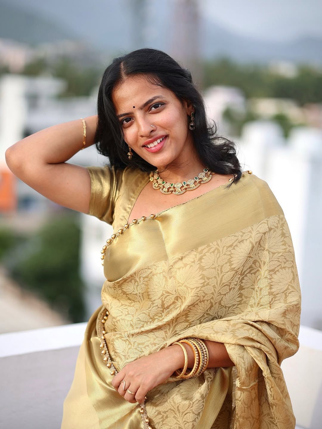 Lagniappe Golden Soft Tissue Silk Saree With Petrichor Blouse Piece