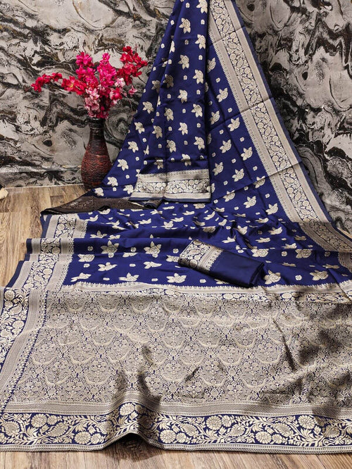 Artistic Navy Blue Soft Silk Saree With Ideal Blouse Piece