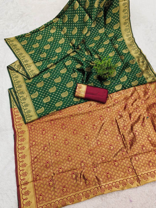Elaborate Dark Green Soft Silk Saree With Demanding Blouse Piece