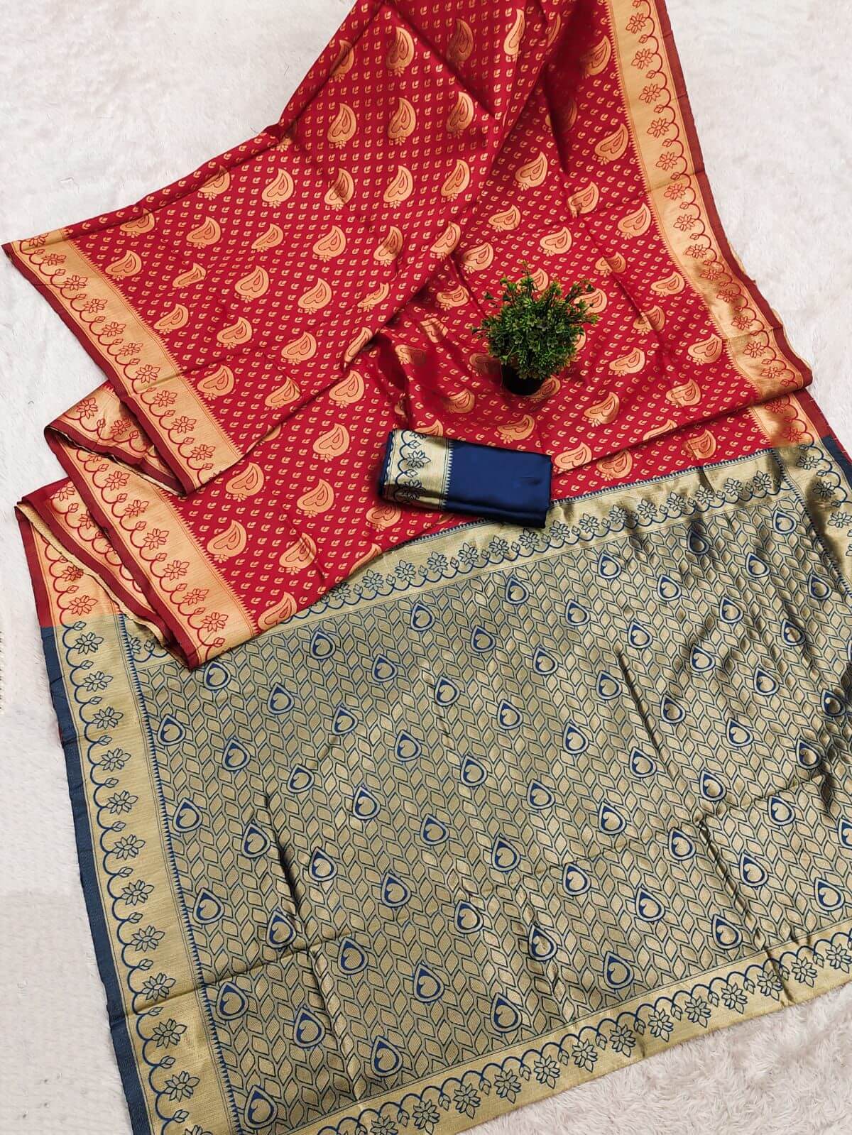 Zephyr Red Soft Silk Saree With Designer Blouse Piece