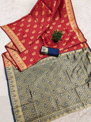 Zephyr Red Soft Silk Saree With Designer Blouse Piece