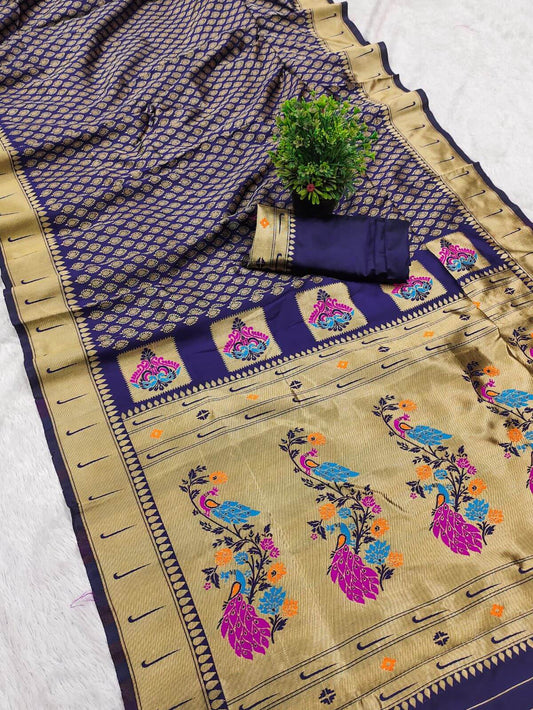 Transcendent Navy Blue Paithani Silk Saree With Brood Blouse Piece