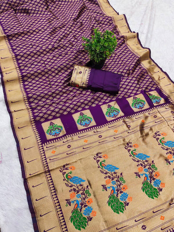 Aplomb Purple Paithani Silk Saree With Resplendent Blouse Piece