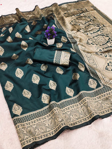 Inspiring Dark Green Soft Silk Saree With Allure Blouse Piece