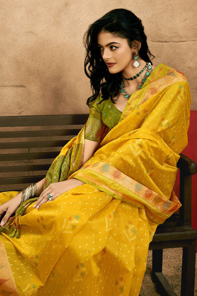 Blissful Yellow Soft Banarasi Silk Saree With Whimsical Blouse Piece