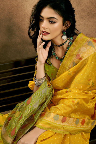 Blissful Yellow Soft Banarasi Silk Saree With Whimsical Blouse Piece