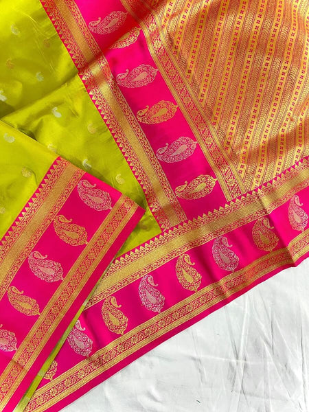 Adoring Mehndi Soft Banarasi Silk Saree With Delightful Blouse Piece