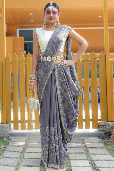 Attractive Grey Embroidery Work Soft Silk Saree With Dazzling Blouse Piece